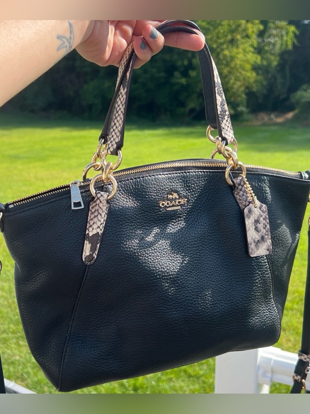 AUTHENTIC Coach Small Kelsey Satchel Black Pebbled Leather Snakeskin Trim Bag